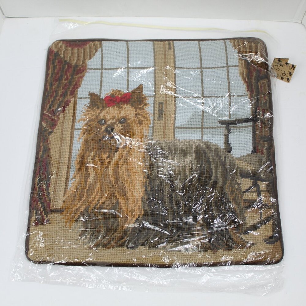Needlepoint Yorkshire Terrier Dog Victorian Design Pillow Cover Zipper Velvet